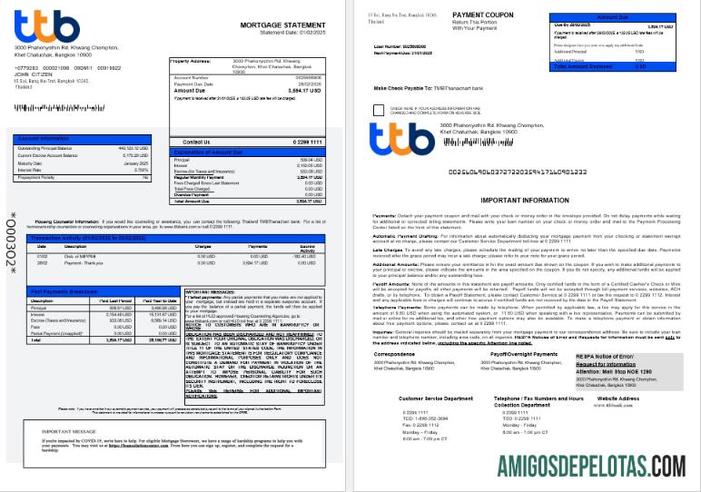Extrato de hipoteca do banco TMBThanachart da Tailândia em formatos Word e PDF 1 2 exemplo real